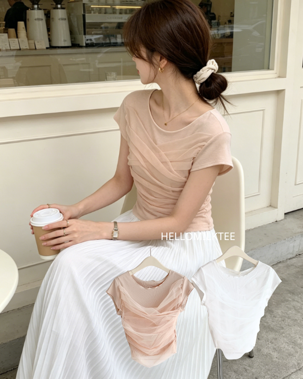 HELLO MILK TEE- 86580  網紗上衣