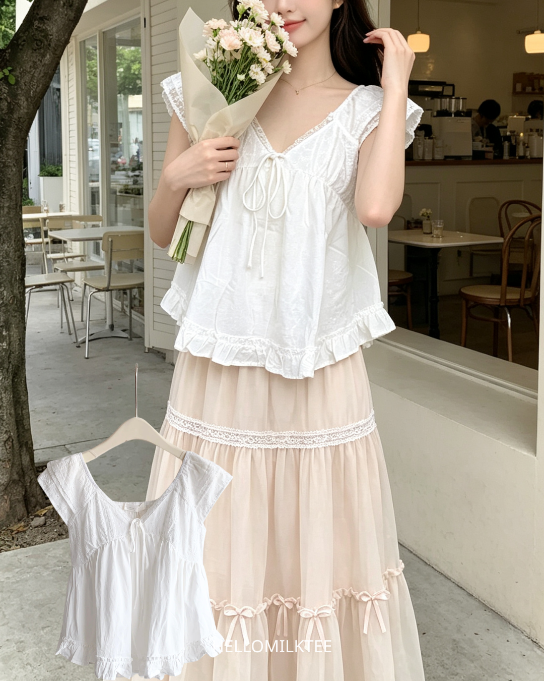 HELLO MILK TEE- 86707   綁帶上衣