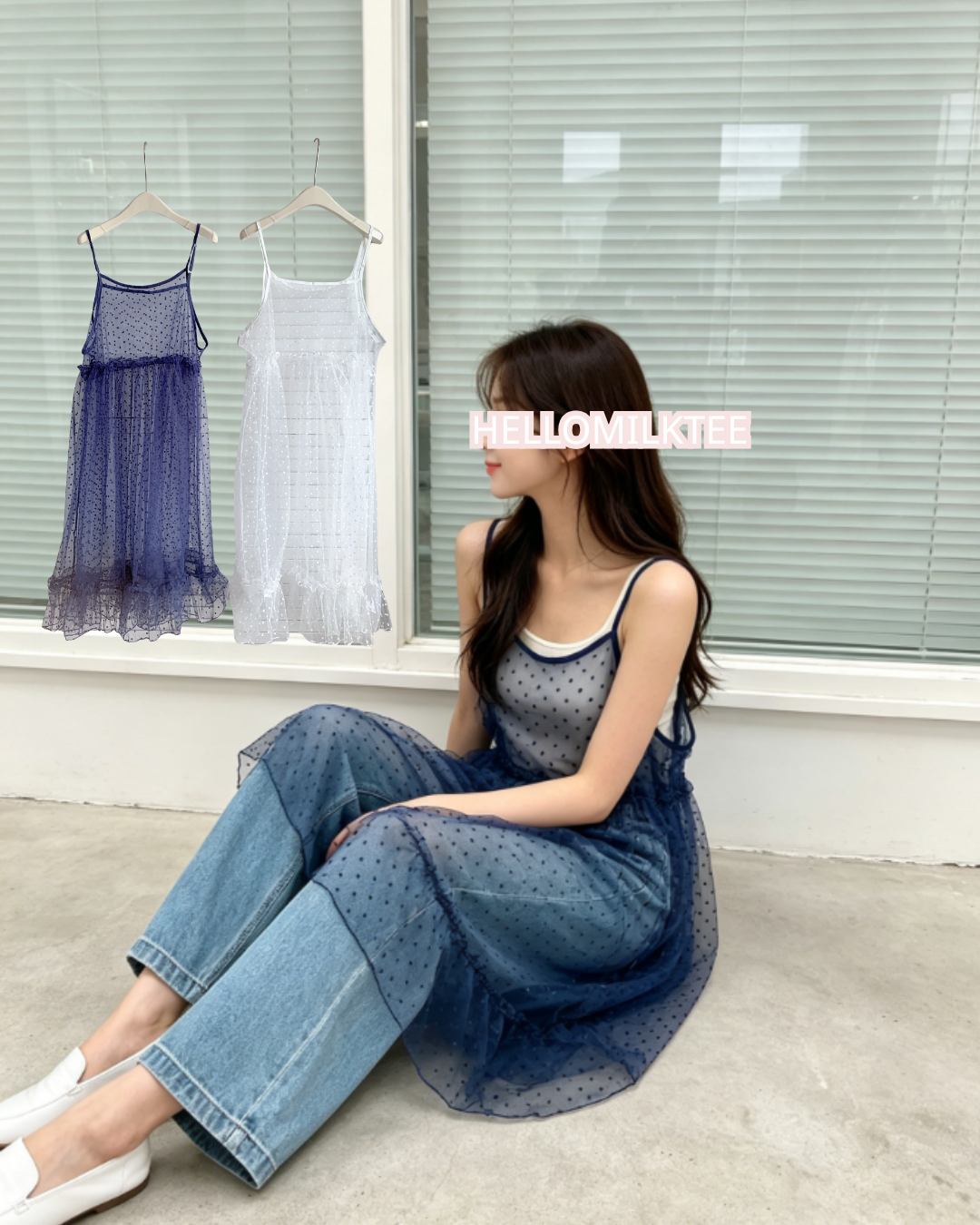 HELLO MILK TEE- 86593 花點透紗罩裙連衣裙