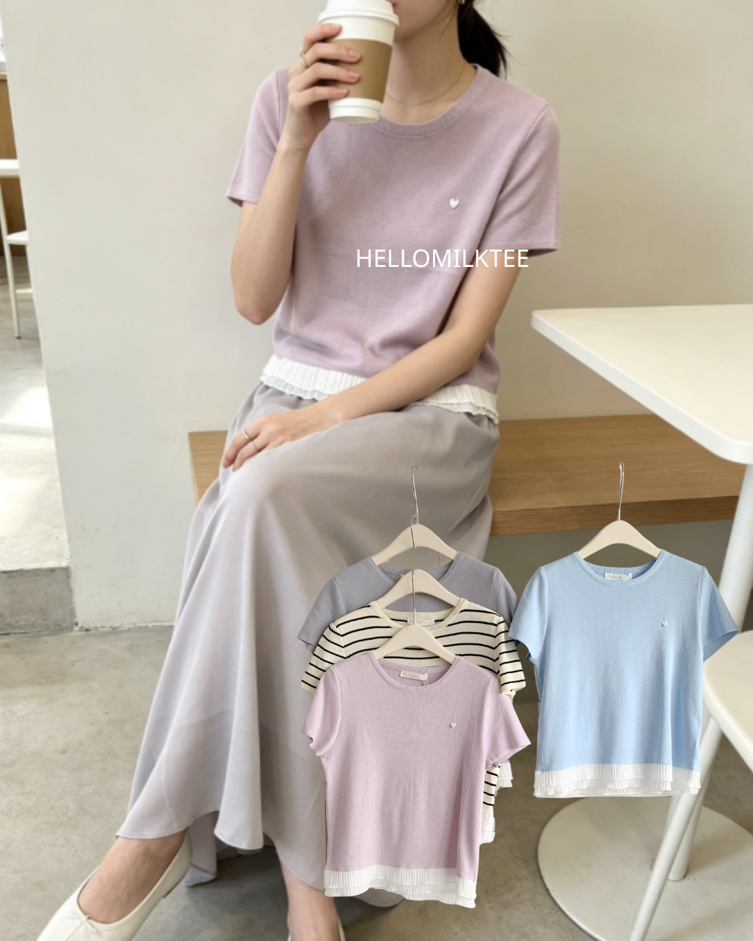 HELLO MILK TEE- 86538  花邊短袖