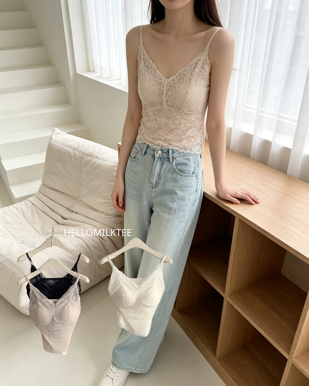 HELLO MILK TEE- 86681   蕾絲吊帶