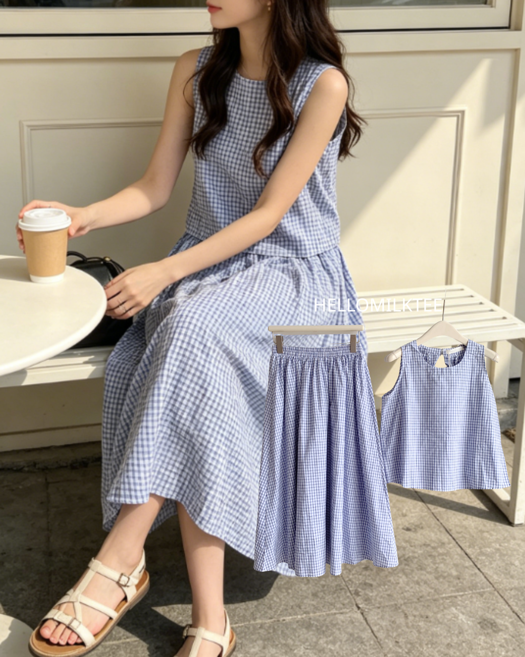 HELLO MILK TEE- 86573  格子套裝