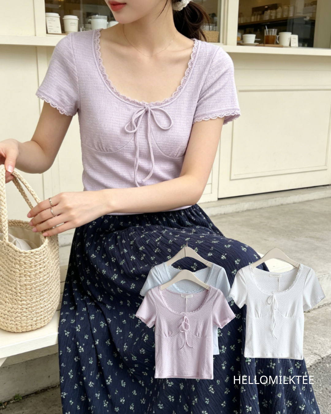 HELLO MILK TEE- 86632  綁帶上衣