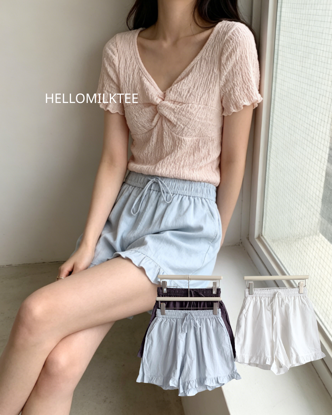 HELLO MILK TEE- 86563  花邊短褲