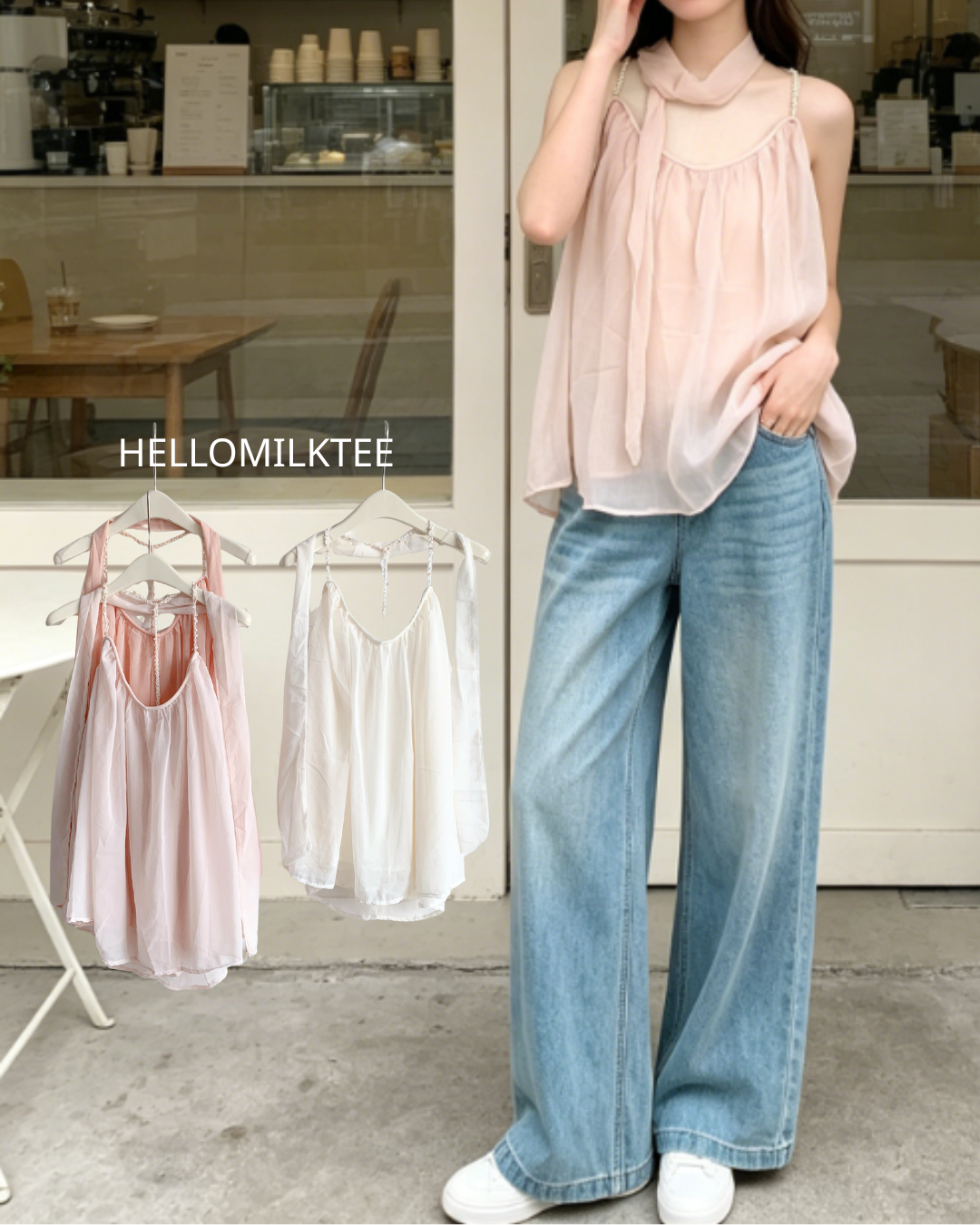 HELLO MILK TEE- 86609  設計感吊帶衫