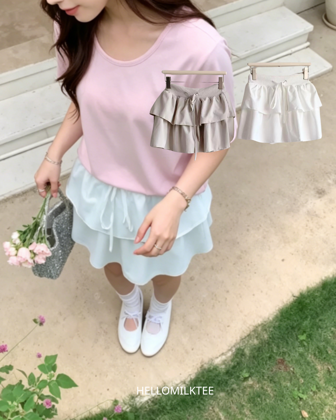 HELLO MILK TEE- 86378 抽繩短裙
