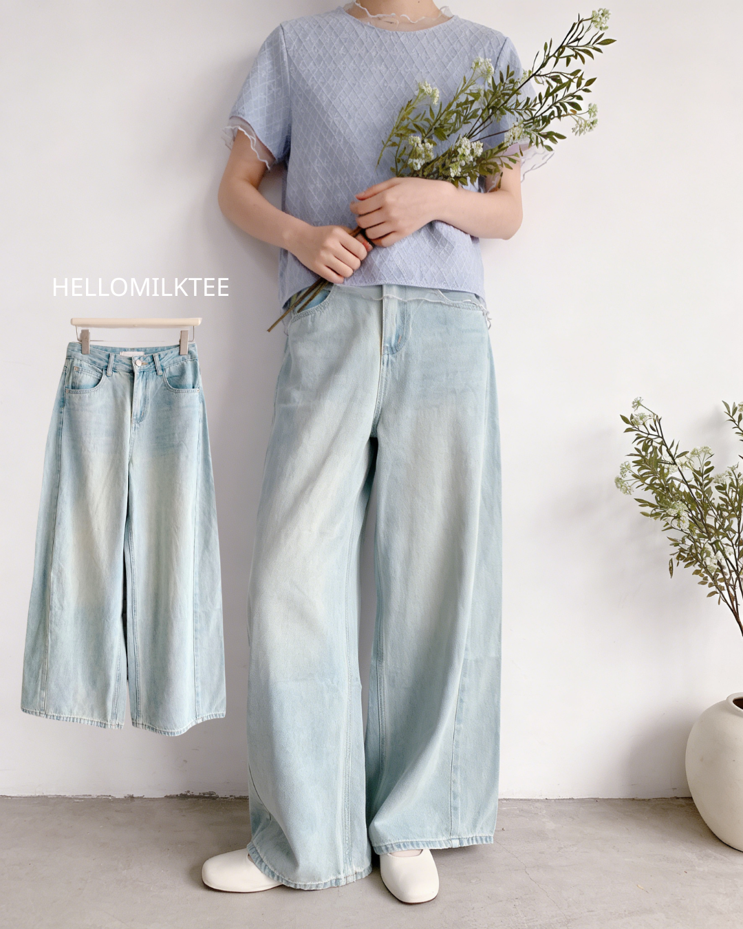 HELLO MILK TEE- 86273  質感寬腿牛仔褲