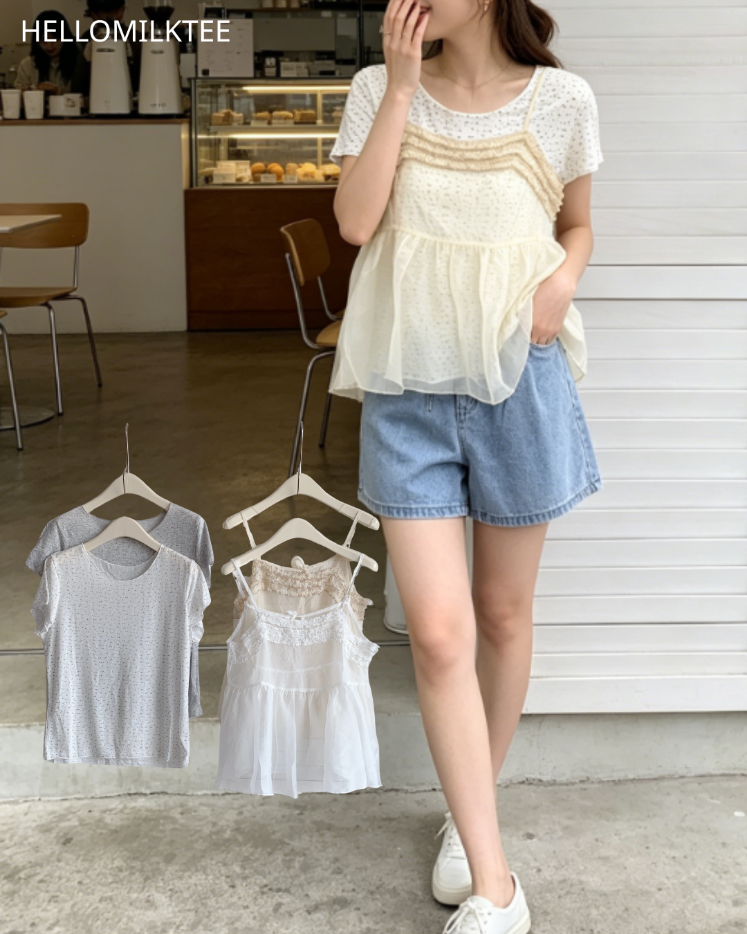 HELLO MILK TEE- 86623  碎花兩件套