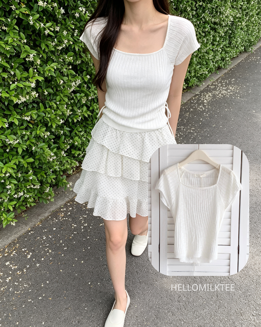 HELLO MILK TEE- 86650   方領綁帶衫