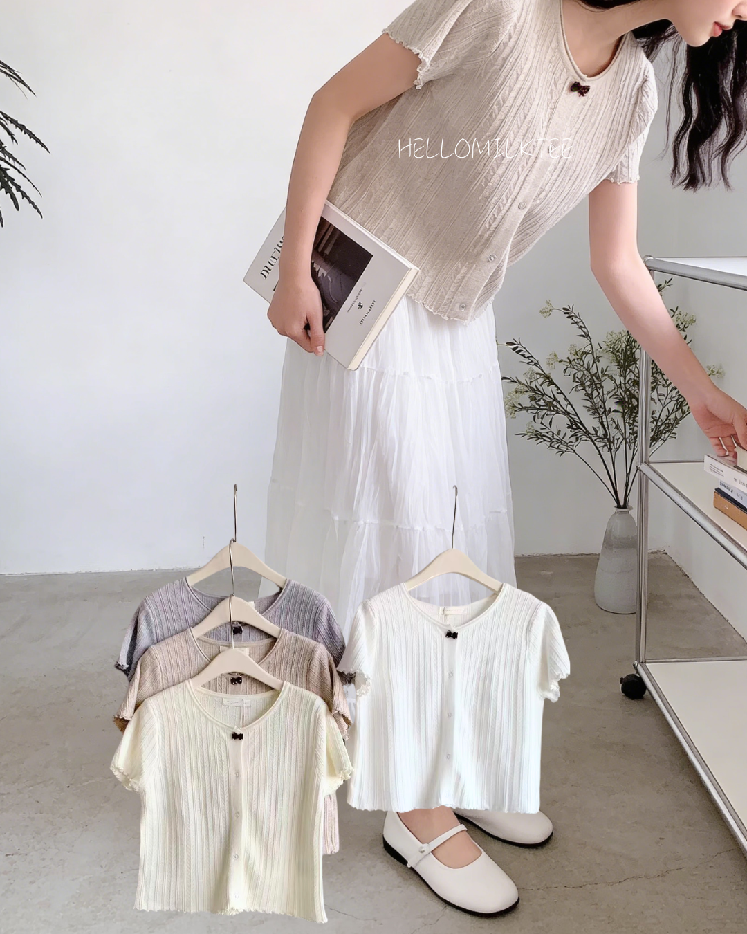 HELLO MILK TEE- 86155 心口小蝴蝶結上衣