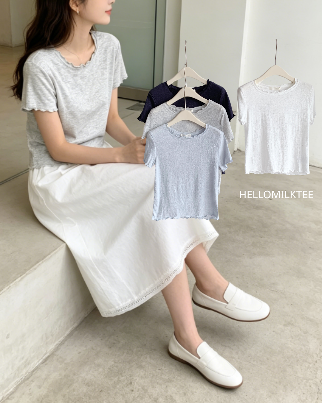 HELLO MILK TEE- 86513  簡約卷邊衫