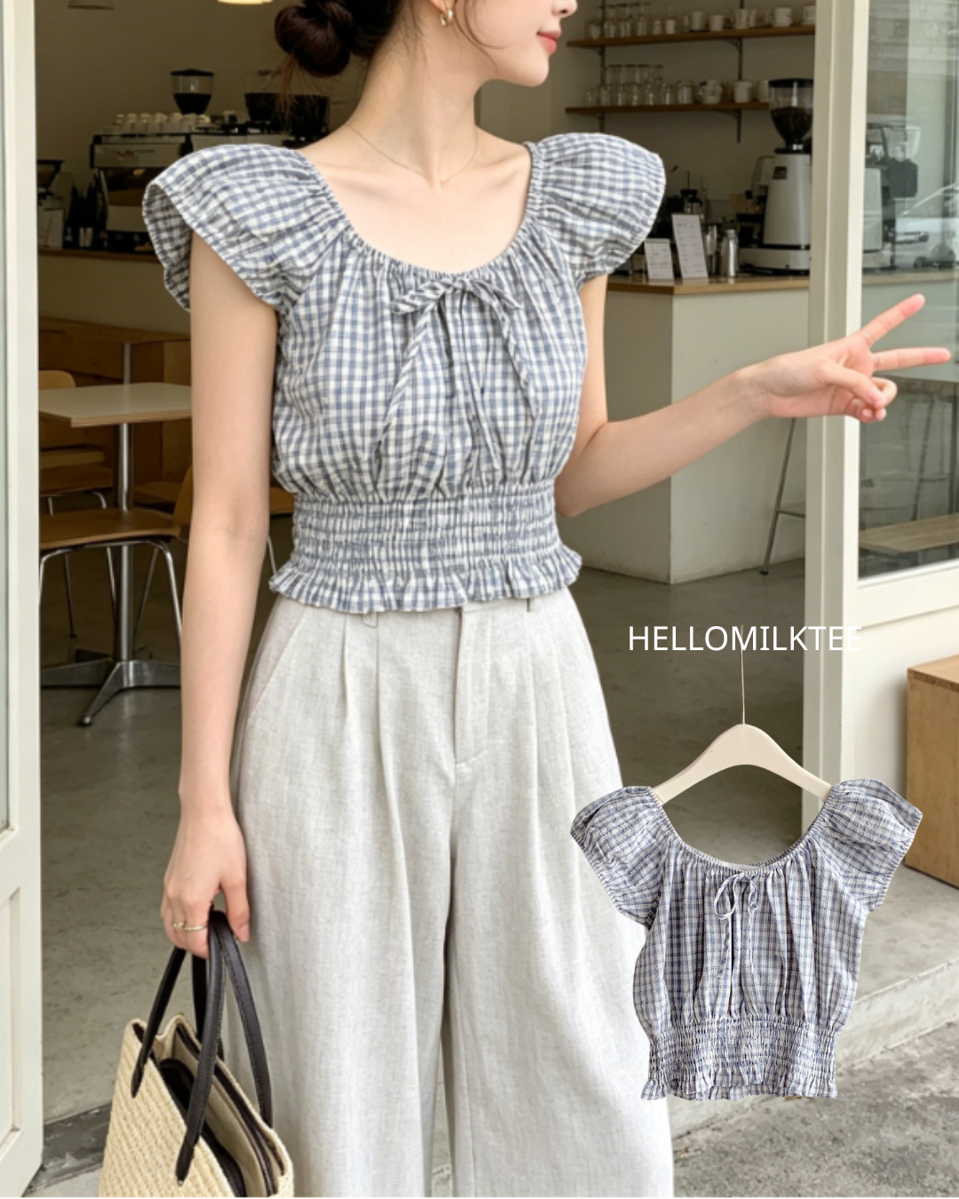 HELLO MILK TEE- 86638  系帶上衣
