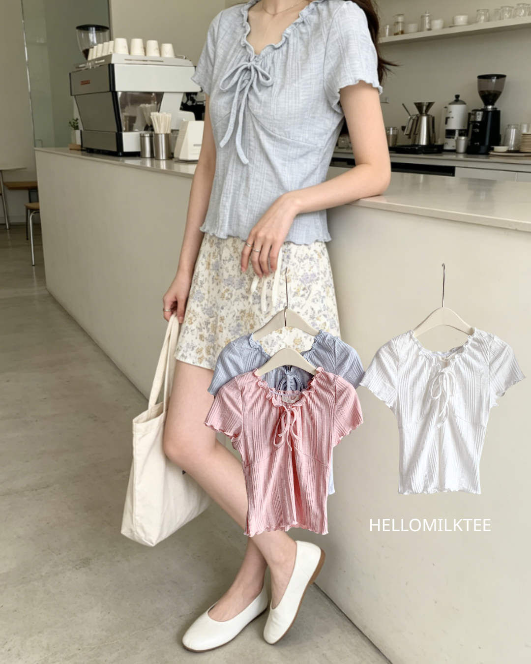 HELLO MILK TEE- 86505  法式系帶衫