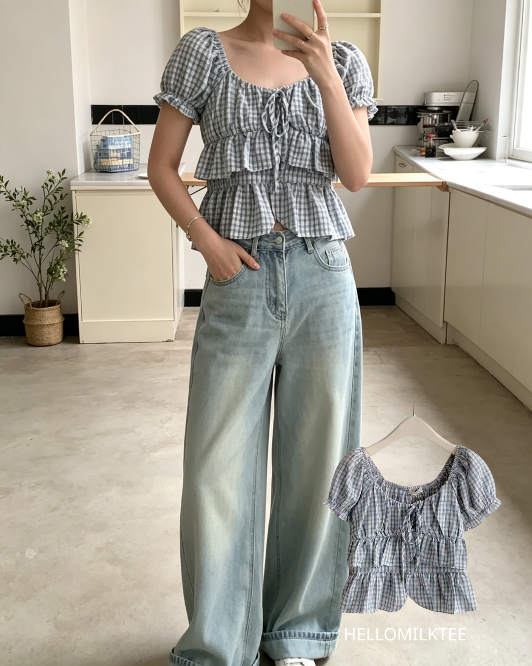 HELLO MILK TEE- 86407 格紋小衫