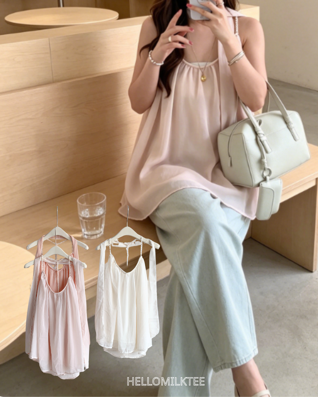 HELLO MILK TEE- 86609  設計感吊帶衫